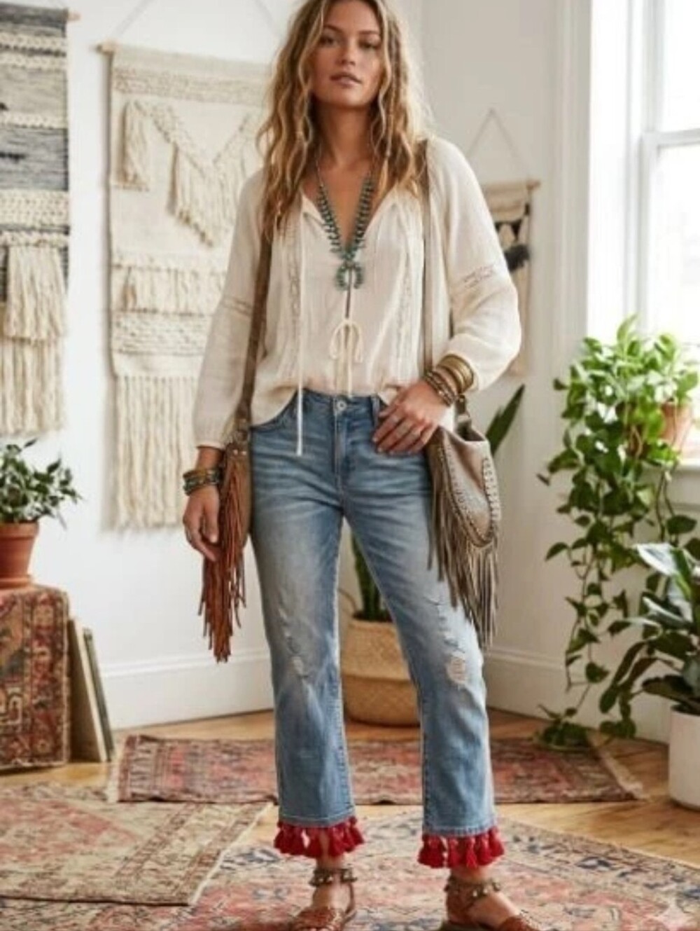 Pilcro and the Letterpress Slim boyfriend cropped jeans Red Beaded Tassel Hem 27